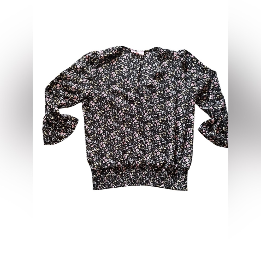 Philosophy Black Floral Print Long Sleeve Blouse Women Large - EUC